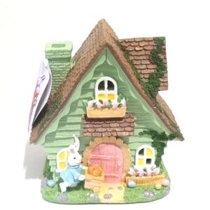 CHARMING COTTAGECORE GREEN LIGHTED FAIRY HOUSE WITH BUNNY FIGURINE 7" TALL NWT
